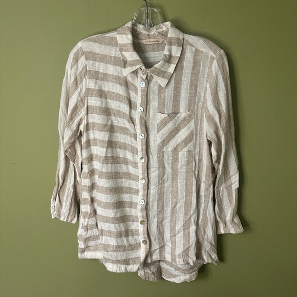Soft Surroundings Top Sz M Beige Striped Linen Blend Mixed Print Coastal Grandma - Picture 1 of 10